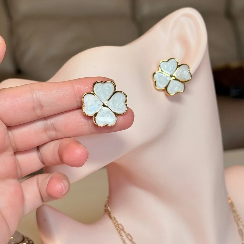 Gold and White Flower Earrings